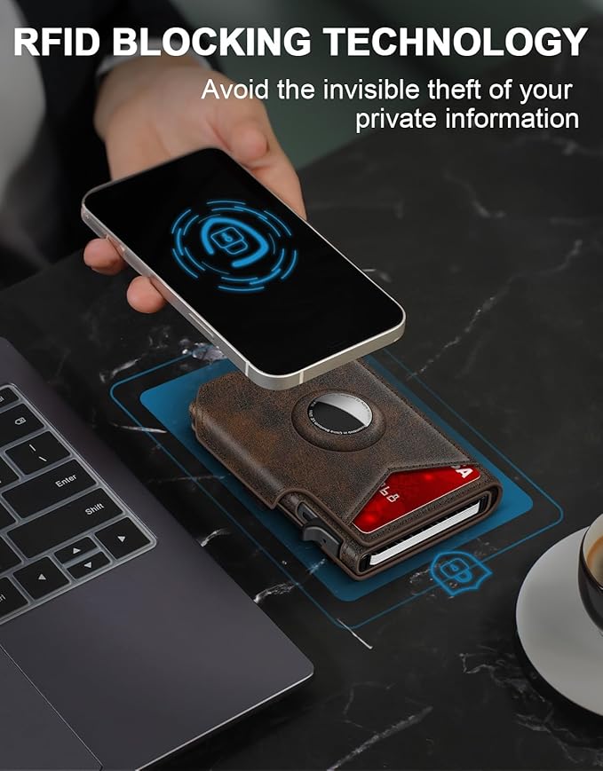 Airtag Wallet for Men, Minimalist Slim Mens Wallet Smart Pop Up Credit Card Holder for 9-13 Cards, RFID Blocking Wallet with ID Window & Cash Slot, Compact Bifold Metal Aluminum Card Case