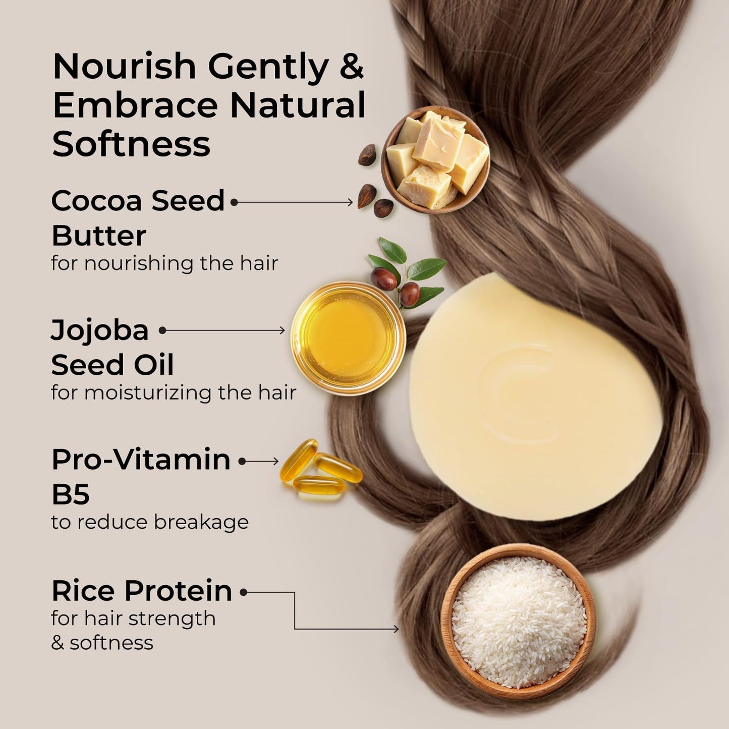 Natural Conditioner Bar for Sensitive Skin & Normal Hair, Unscented Conditioner Bar for Women and Men to Increase Flexibility & Strength, Fragrance Free, Acondicionador en Barra, Naked, 2oz