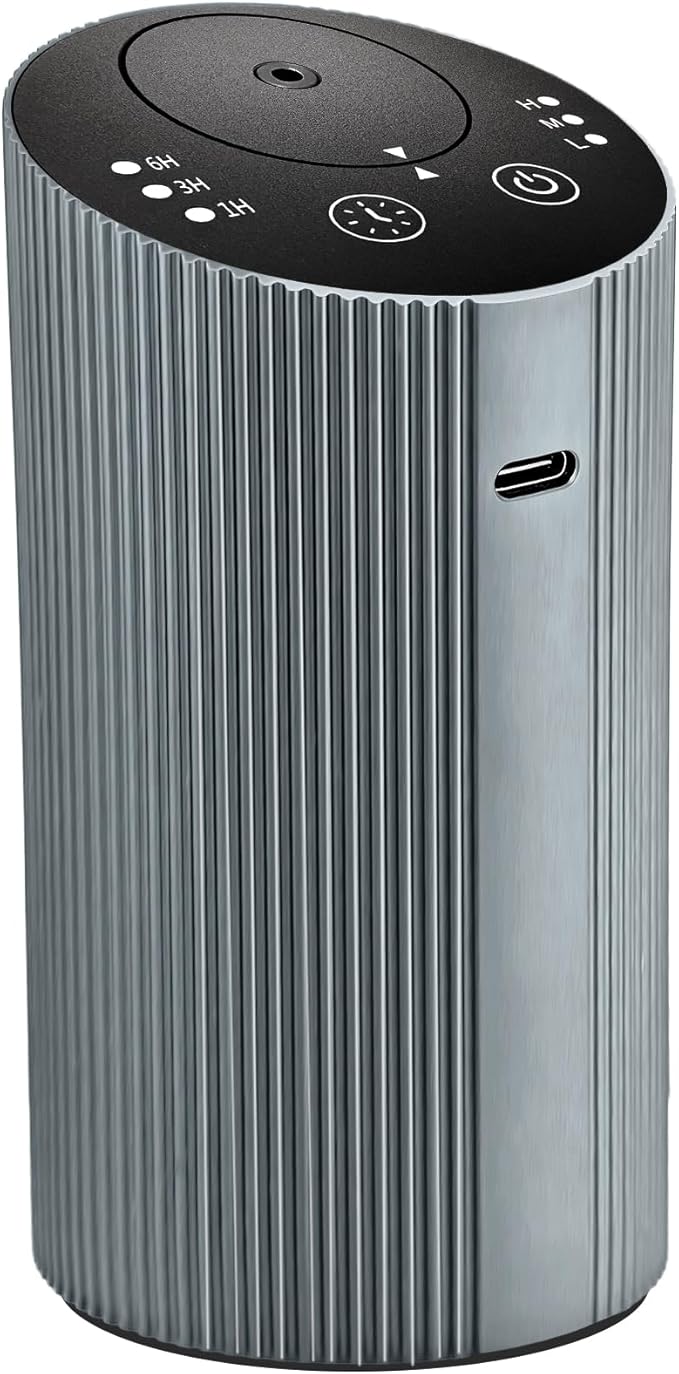 Waterless Essential Oil Diffuser for Home Car Office, Scent Diffuser with 4 Timer (1/3/6H & Off) & 3 Mist(L/M/H), Rechargeable Aromatherapy Diffuser, Portable Mini Air Aroma Diffuser, Silver Grey