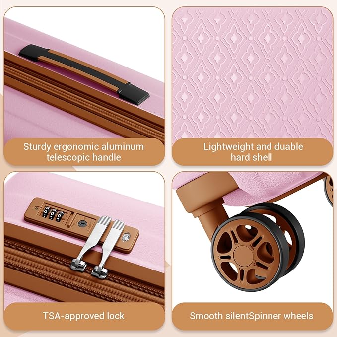 Kono Expandable 24 Inch Hard Shell Travel Luggage, Large capacity for easy travel, Hidden Cup Holder & TSA Lock Lightweight Suitcase - Pink/Brown