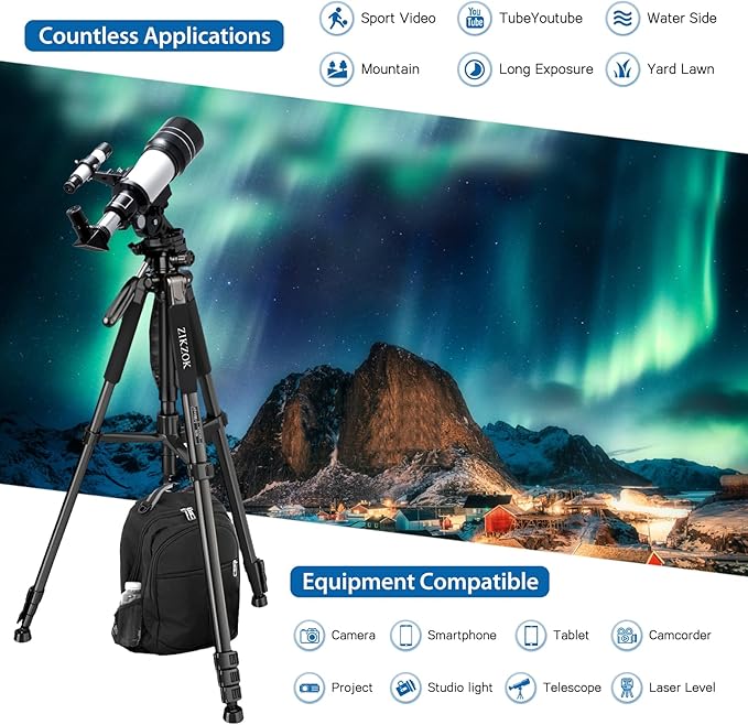 75" Camera Tripod, Aluminum Heavy Duty Camera Stand for ipad Phone, Travel Tripod with/Carry Bag/Phone Tablet Holder, Compatible with Canon Nikon Sony DSLR, Spotting Scopes, Max Load 15 Lb(Black)