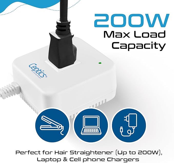 Ceptics 200 Watt Step Down Voltage Converter – Converts 220V/240V to 110V/120V – Ideal for Hair Straighteners, Laptops, and Chargers – CE Certified Travel Voltage Converter