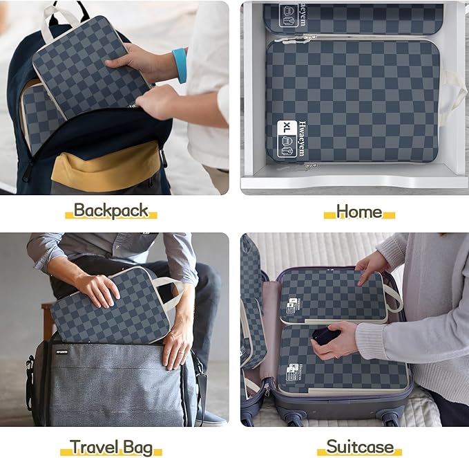 8 Set Compression Packing Cubes for Travel, Lightweight Dual Zipper Packing Cubes, Space-Saving Suitcase Organizer for Travel/Business Trip/Family Vacation (Blue-Gray Checkered)