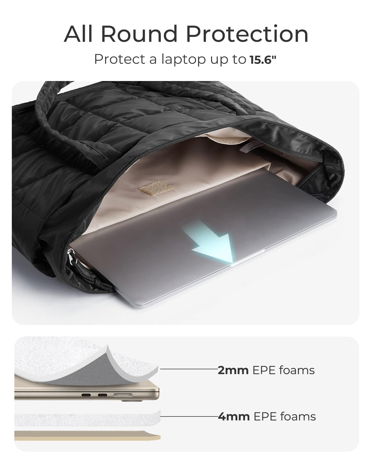 BAGSMART Expandable Tote Bag for Women, Zippered Puffer Design with Water-Resistant Quilted, Nurse and Carry-On Travel Bag, Black