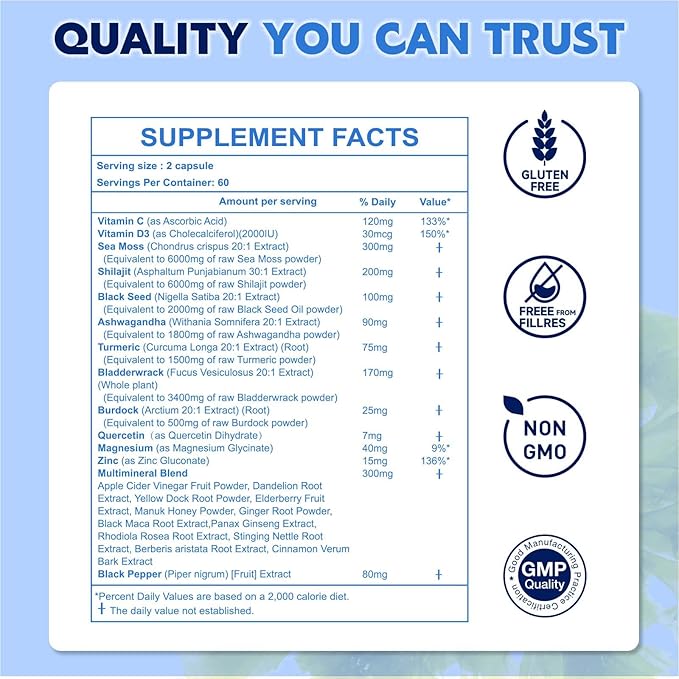 25-in-1 Sea Moss Black Seed Oil Ashwagandha Ginger Shilajit Supplement, with Burdock Root, Rhodiola Rosea, Vitamins C & D3, Shilajit Capsules for Men & Women - Boosts Energy, Skin, Joints & Immunity