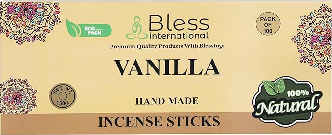 Bless-Vanilla 100%-Natural-Handmade-Hand-Dipped-Incense-Sticks Organic-Chemicals-Charcoal-Free Purification-Relaxation-Positivity-Yoga-Meditation Best-Woods-Scent (100 Sticks(5.25 OZ))