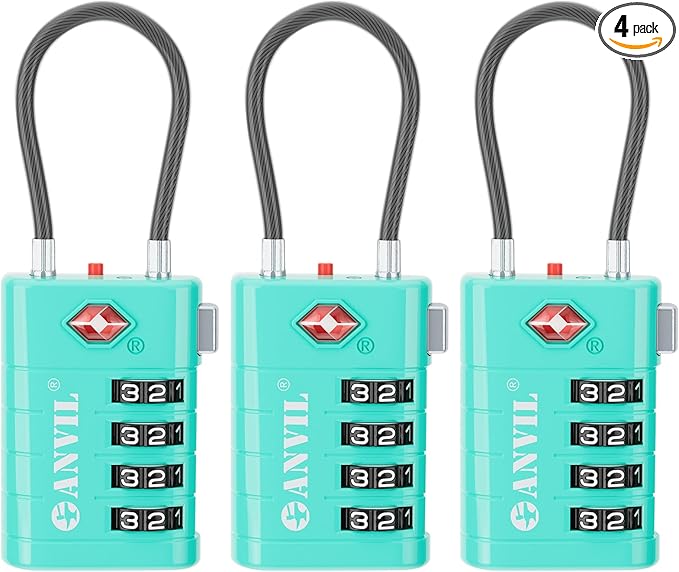 ANVIL 4 Digit Luggage Locks, TSA Locks for Luggage, Advanced TSA008 core, Alert Indicator for Your Travel Lock, Suitcase Lock.(3, Cyan)
