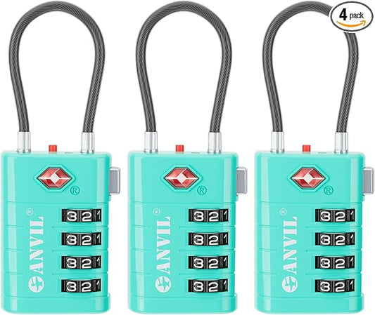 ANVIL 4 Digit Luggage Locks, TSA Locks for Luggage, Advanced TSA008 core, Alert Indicator for Your Travel Lock, Suitcase Lock.(3, Cyan)