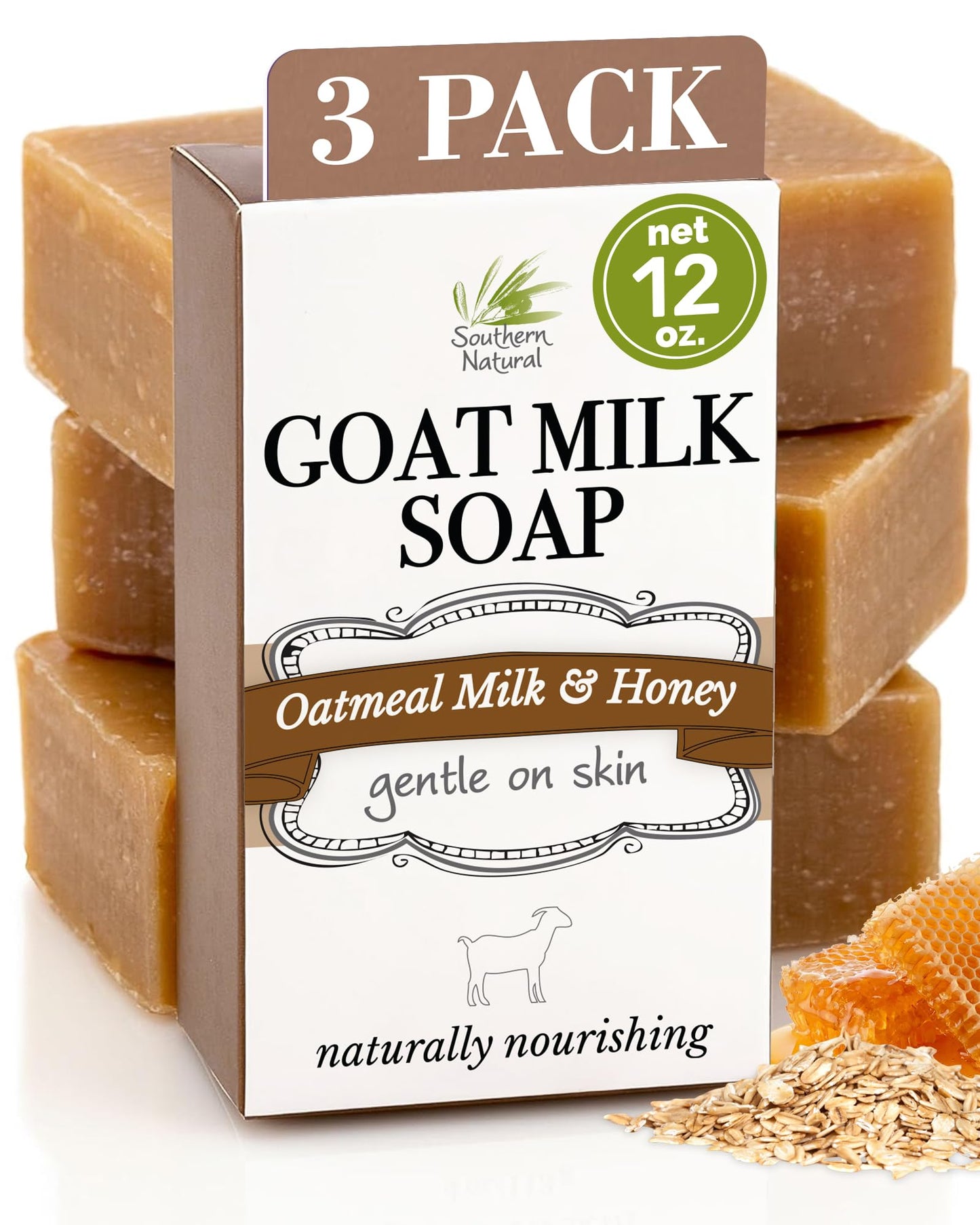 Southern Natural Goat Milk Soap Bar - Oatmeal Milk & Honey 3 Pack - For Dry Sensitive Skin. Natural, Handmade Soap For Men, Women, Kids, Face & Body