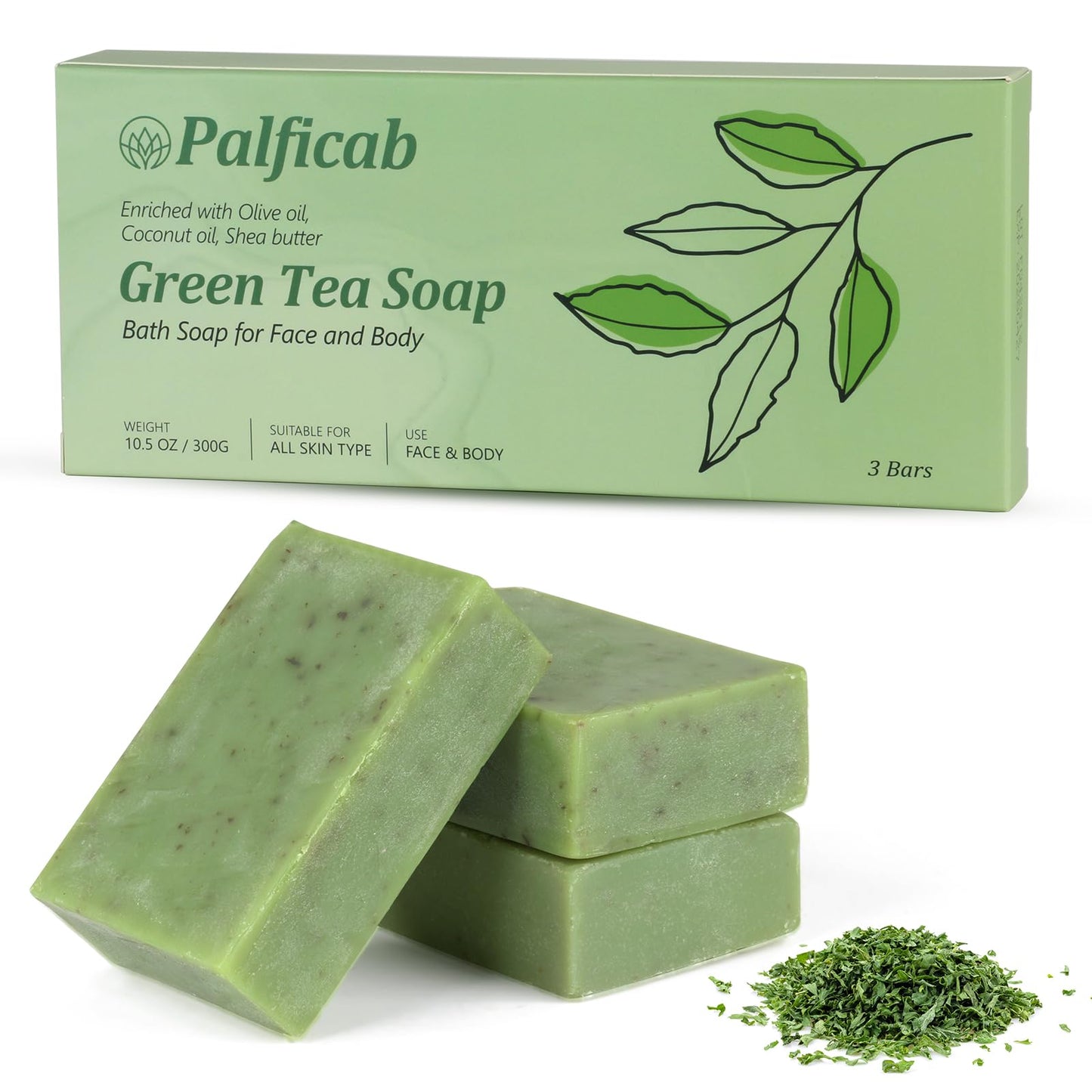 PALFICAB Green Tea Soap, Moisturizing Bath Soap Bars, Cruelty-Free, Gentle Exfoliating for Hydrating & Nourishing Skin with Green Tea Leaves, Coconut Oil, Shea Butter, Gifts for Women Men, 3 Bars