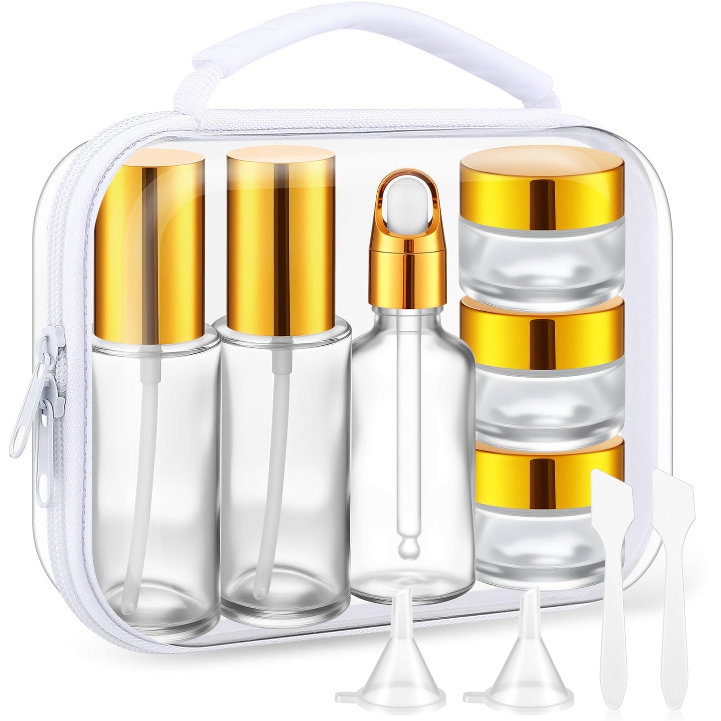 Qiyaz 11 Pcs Glass Travel Bottles with Clear Hard Zipper Case Skin Care Containers Travel Size Mini Makeup Containers Tsa Approved with Pump Spray for Liquid Toners Serum Cream(Gold,Style 1)