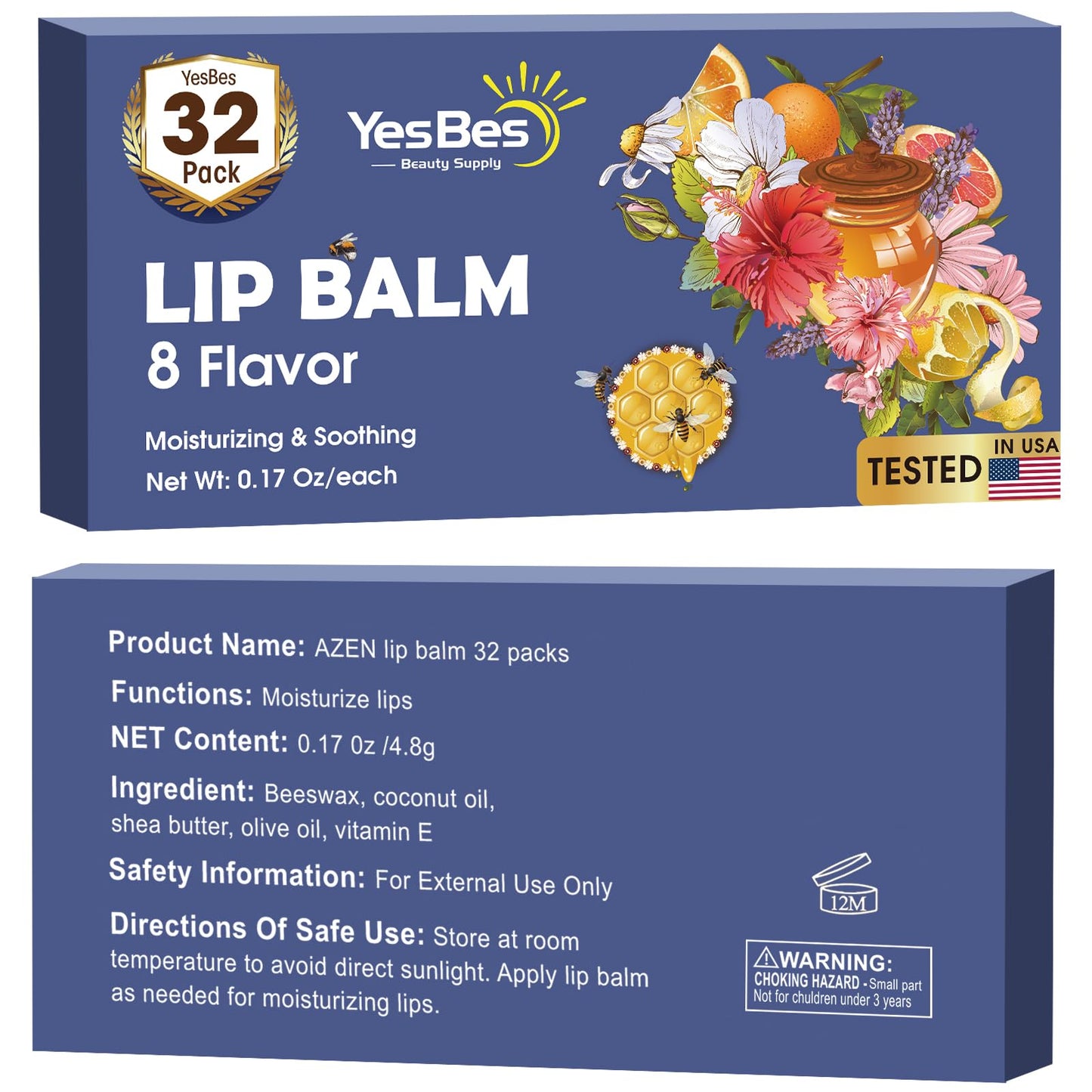YesBes 32 Pack Lip Balm, Natural Lip Balm Bulk with Vitamin E and Coconut Oil, Moisturizing Lip Balms for Dry Cracked Lips, Lip Balms for Stocking Stuffers - 8 Flavors
