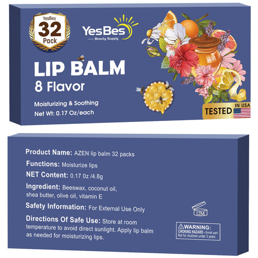 YesBes 32 Pack Lip Balm, Natural Lip Balm Bulk with Vitamin E and Coconut Oil, Moisturizing Lip Balms for Dry Cracked Lips, Lip Balms for Stocking Stuffers - 8 Flavors
