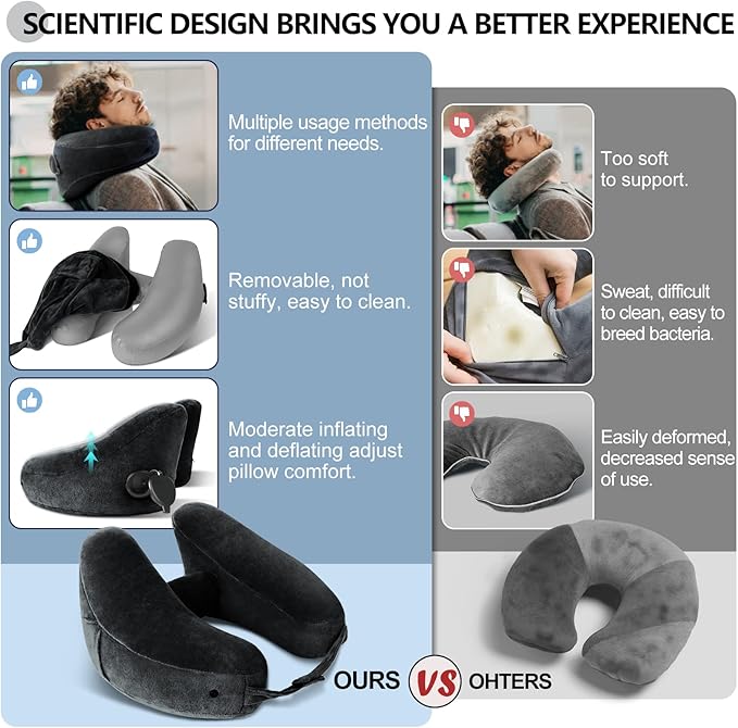 Neck Pillow for Travel Inflatable Airplane Pillow Comfortably Supports Head,Neck and Chin,Inflatable Travel Pillow with Soft Velour Cover,Hat,Portable Drawstring Bag (Black)