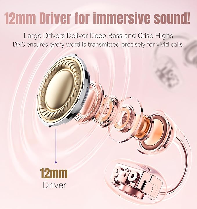 King Lucky Clip on Earbuds Open Ear Wireless Bluetooth 5.4 Headphones with Mic,50H Play,Noise Cancelling,Waterproof,Sports Ear Buds,Comfortable for Small Ears & Glasses Wearers,Workouts (Pink)