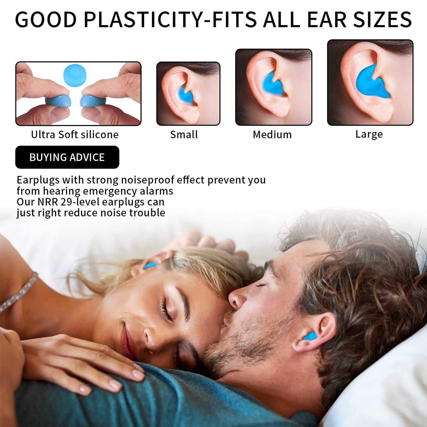 24 Pcs Silicone Ear Plugs for Sleeping, Soft Silicone Earplugs for Sleep, Noise Cancelling Reduction Earplugs for Swimming, Travel, Snoring, Concerts, Airplane, Motorcycle, Musicians, Blue/Clear
