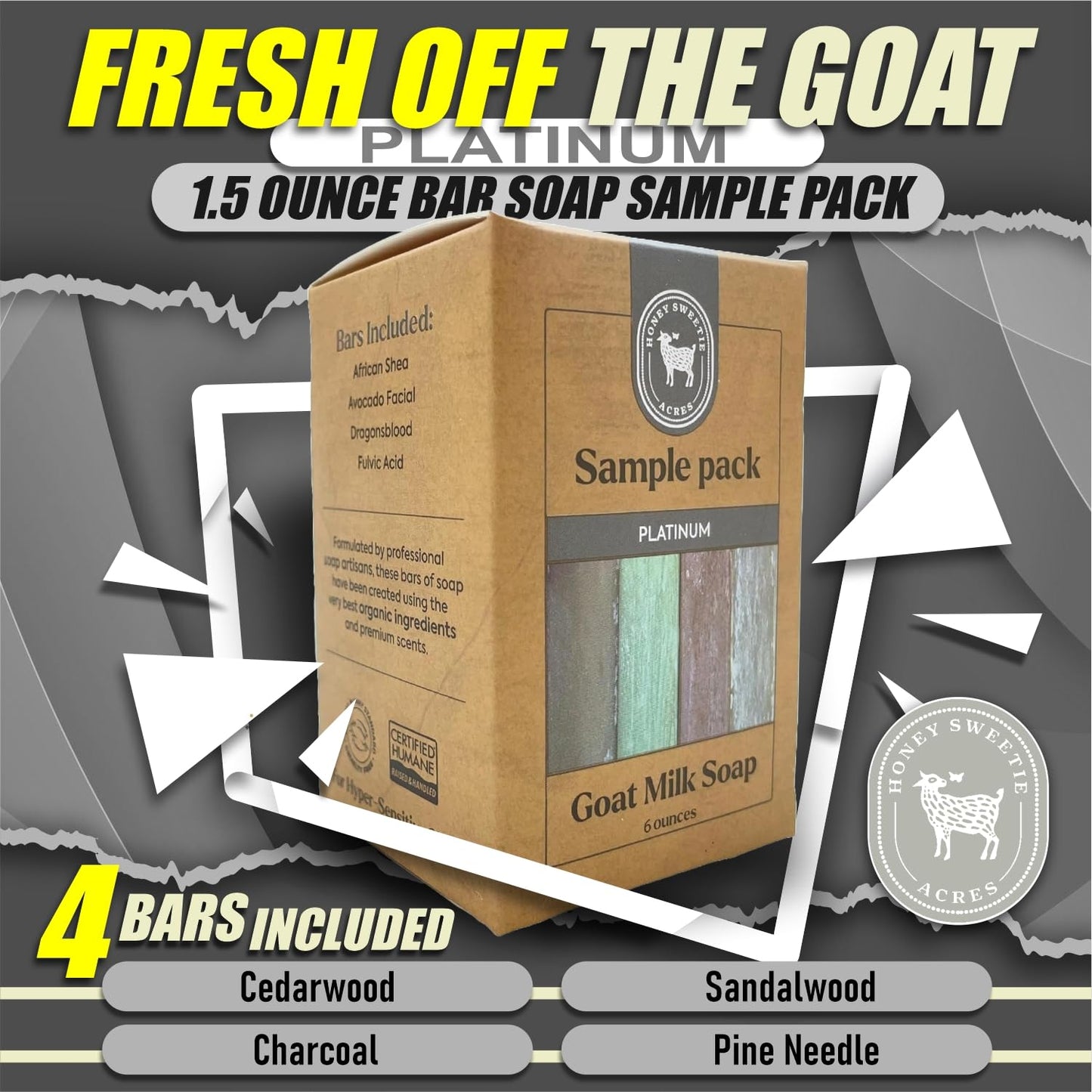 Honey Sweetie Acres Goat Milk Soap Travel Set – 4 Handmade Bars (approx 1.5 oz Each) – Fulvic Acid, Dragon’s Blood, African Shea, Avocado Facial – All Natural Platinum Collection