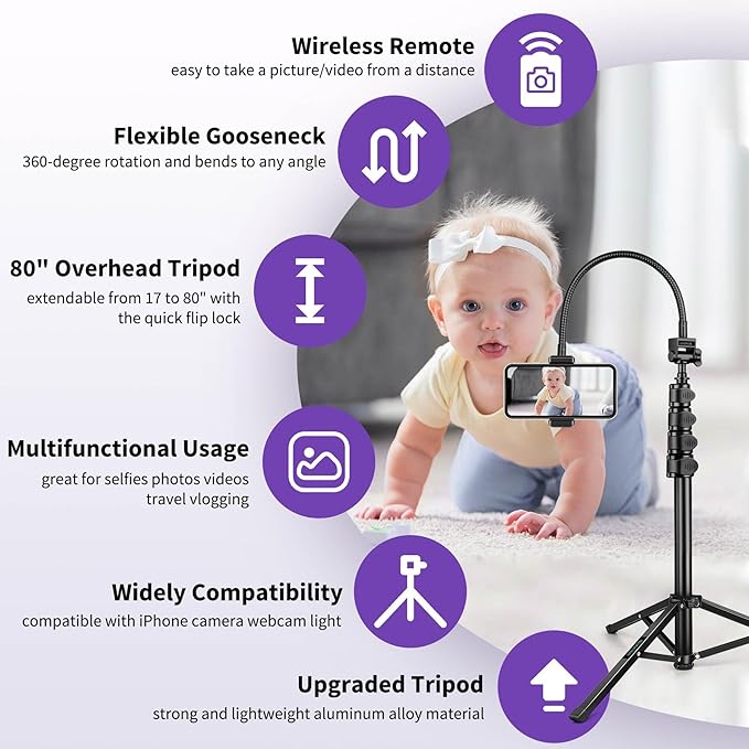 80" Phone Tripod, Selfie Stick Cellphone Tripod, Aluminum Tripods Stand for Video Photo Vlog, Travel Tripods with Gooseneck Remote Phone Holder, Compatible with iPhone Android Smartphone