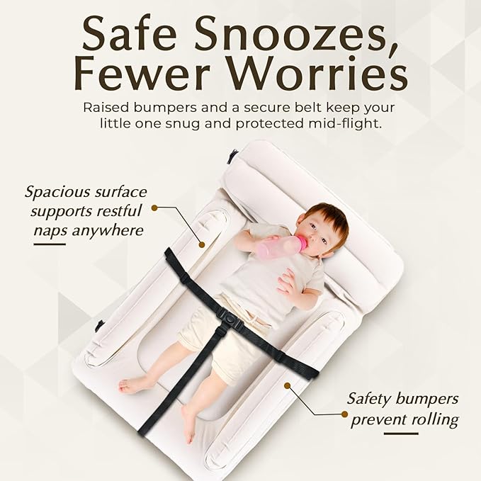 Luxury Toddler Airplane Bed – Travel Bed Seat Extender for Kids with Carry Bag, Air Pump, Pillow & Blanket – Portable Toddler Air Mattress, Travel Essentials for Airplane Seats (Beige)