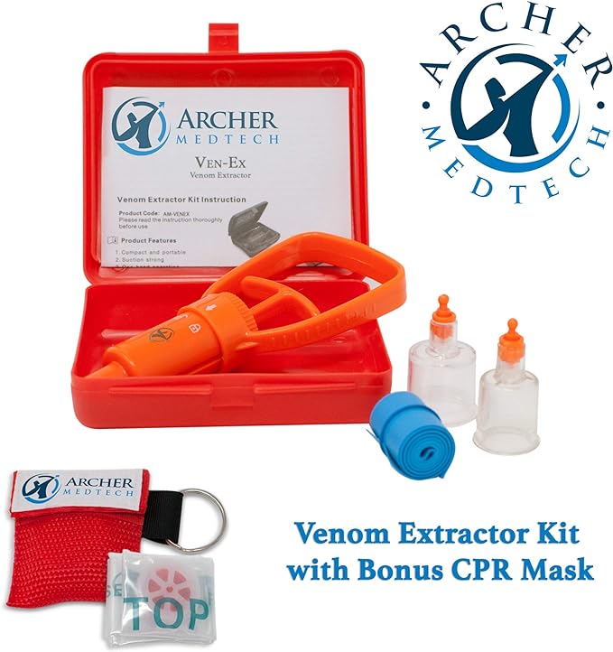 Archer MedTech Ven‑Ex Snake Bite & Bee Sting Kit – Portable Venom Extractor Pump with 2 Suction Cups, Tourniquet & Bonus Key‑chain CPR Face Shield – Compact First Aid for Hiking, Camping & Backpacking