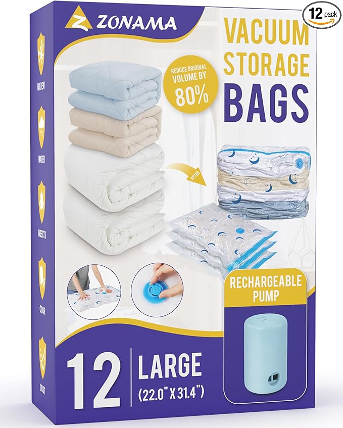 Vacuum Storage Bags with Rechargeable Pump,12 Pack Large Size (22.0"x31.4") Vacuum Sealed Space Save Bag with 1500mAh Pump for Clothes, Blanket, Duvets, Pillows, Comforters, Quilt, Travel, Moving