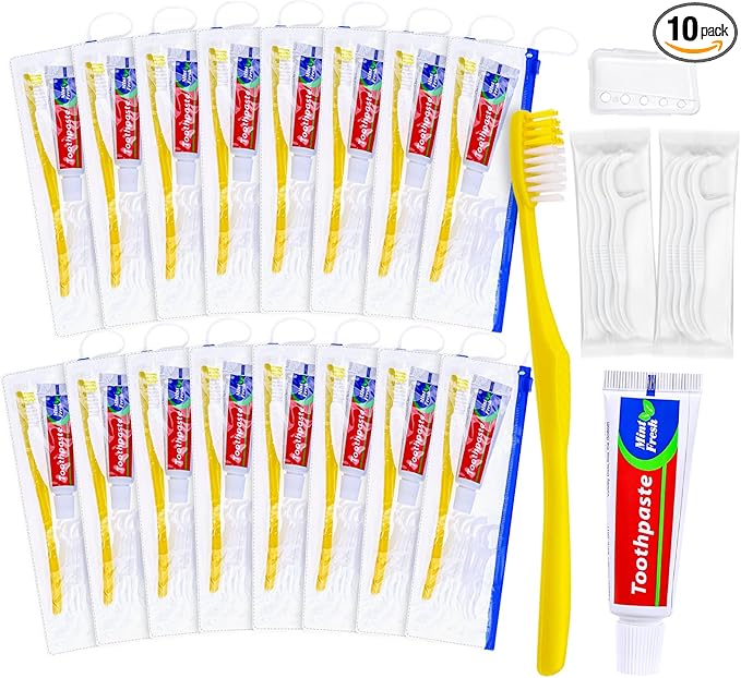 10 pcs Disposable Toothbrushes with Toothpaste and Floss Set,Yellow Individually Wrapped Bulk Single Use Toothbrush Floss Cover Travel Toothbrushes Kit with Zip Bag for Homeless,Hotel,Guest
