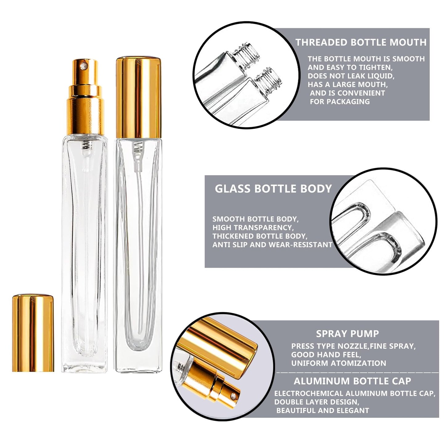 AGENIZ 8PCS 10ml Perfume Refill Glass Mini Portable Travel Glass Square Spray Bottle, Essential Oil Sample Bottle (10ML/Gold)