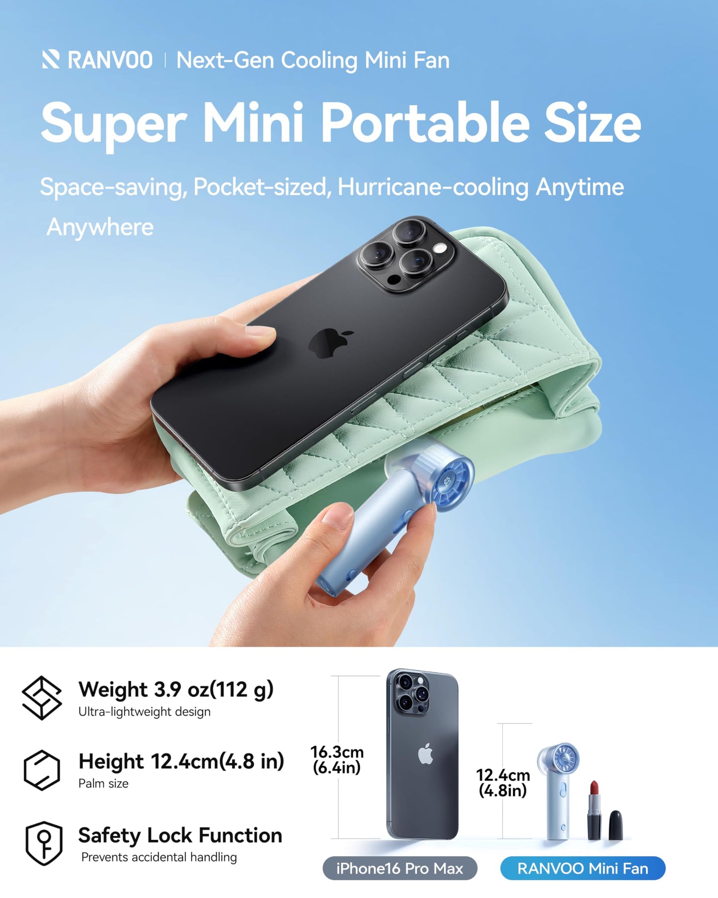 RANVOO 2025 Mini & Powerful Turbo 100 Speeds Cooling Handheld Fan Rechargeable LED Display for Outdoor Travel Portable Hand Fan, Gifts for Women & Men, Stylish, Pearly White