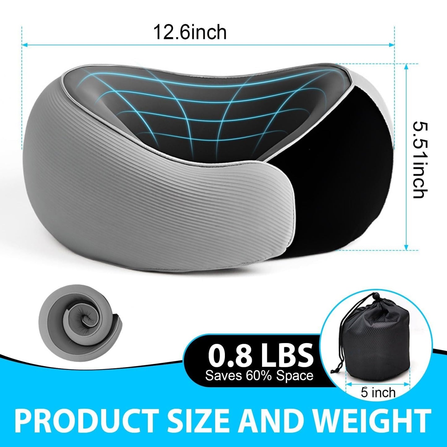 Travel Neck Pillow for Airplanes – 100% Memory Foam, 360° Head Support, Breathable & Washable Cover, Compact for Travel, Car & Flights