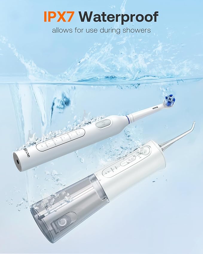 Bitvae Water Dental Flosser Teeth Picks, Cordless Water Flosser for Teeth, Braces, Dental Care and Rechargeable Rotary Electric Toothbrush Combo Set, 4 Tips, 4 Brush Heads, Waterproof, White, C5+R1