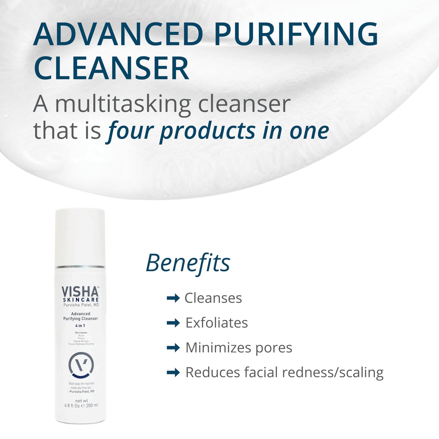 Visha Skincare Advanced 4 in 1 Multitasking Purifying Facial Cleanser, Face Wash to Reduce Facial Redness, Minimize Pores & Exfoliate Skin, Helps Restoring Skin's Natural Glow 6.8fl oz