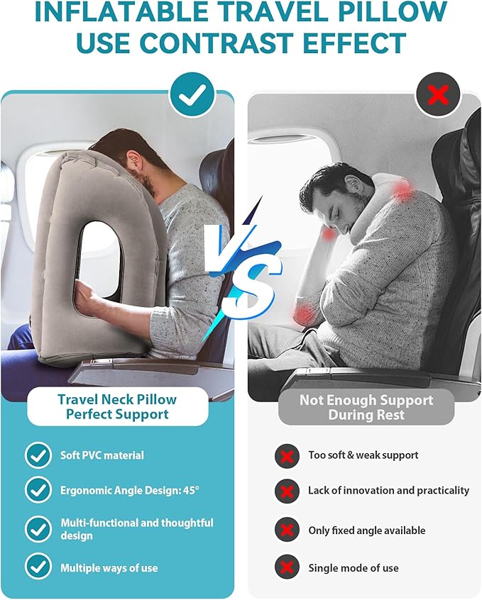 JefDiee Inflatable Travel Pillow, Airplane Neck Pillow Comfortably Supports Head and Chin for Airplanes, Trains, Cars Office Napping on The Tray Table (Grey)