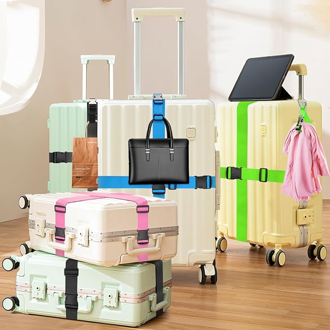 BILIONE 2Pcs Luggage Straps for Suitcases with Add A Bag Strap, Adjustable Luggage Identifiers Nylon Travel Belt TSA Approved (Pink)