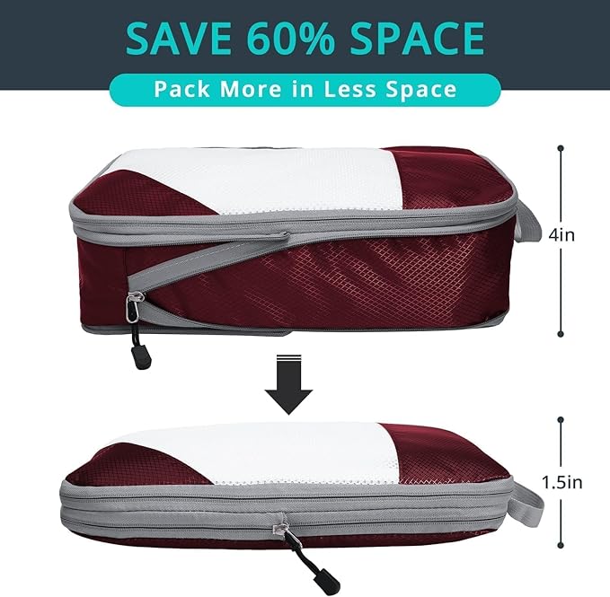 6 Set Compression Packing Cubes for Travel - Compressible, Lightweight, and Space-Saving Packing Cubes, Travel Essentials for Women, Wine
