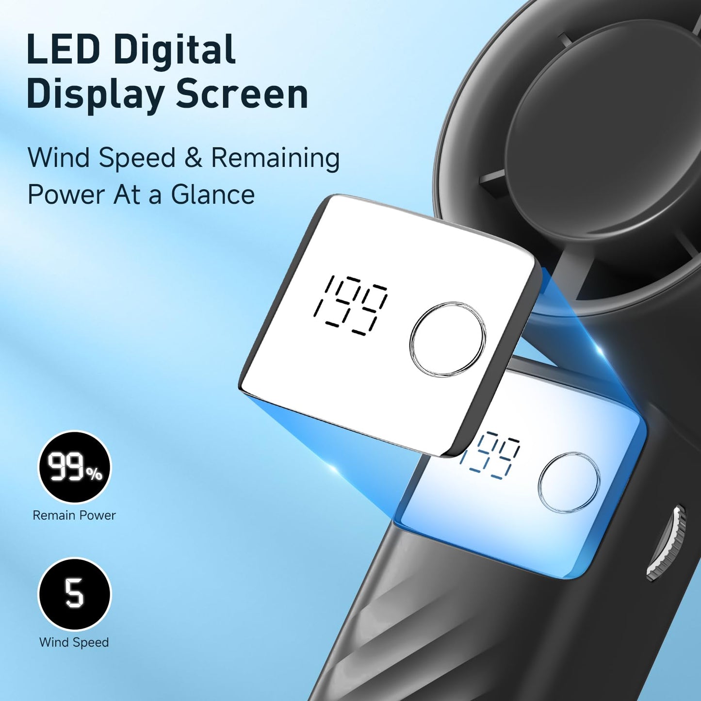 YOSHENMO Portable Handheld Turbo Fan - Foldable Mini Fan with Air Turbo Tech, 1-199 Speed Adjustment, 20H Runtime, LED Display, Battery-Powered for Indoor/Outdoor Use, Dark Black