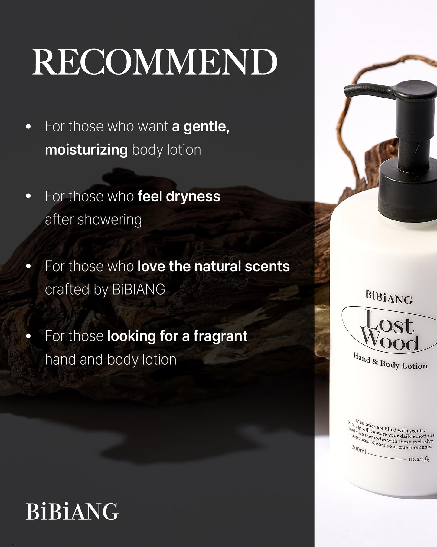 BiBiANG Lost Wood Body Lotion - Korean Body Care for Moisturizing & Nourishment - Hydrating Body Care Formula with Woody Soap Scent, Shea Butter & Jojoba Oil - 10.82 fl.oz