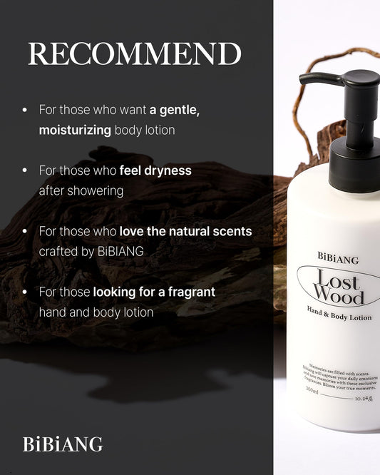 BiBiANG Lost Wood Body Lotion - Korean Body Care for Moisturizing & Nourishment - Hydrating Body Care Formula with Woody Soap Scent, Shea Butter & Jojoba Oil - 10.82 fl.oz