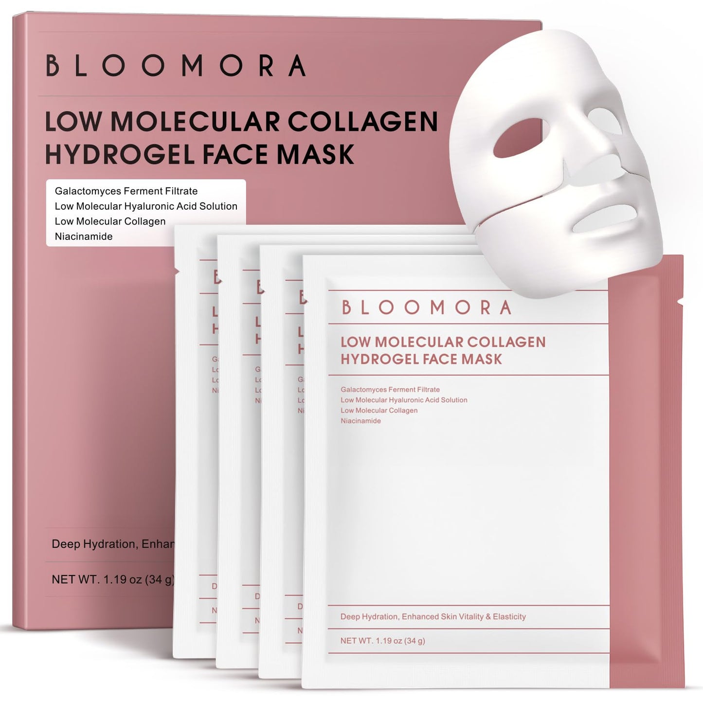 Overnight Collagen Face Mask, Hydrogel & Low Molecular Deep Collagen Mask, Glass Skin Face Mask, Collagen Mask Overnight + Firming & Elasticity, Hydrating Face Masks 34g*4ea, Face Masks Skincare Pack