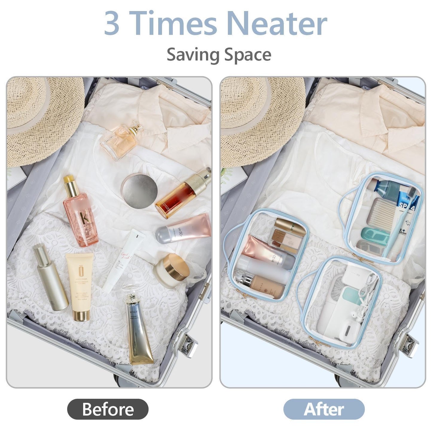 PACKISM TSA Approved Toiletry Bag - Floral Texture Lace Clear Makeup Bags, Ease of Clamshell Closing, Handles and Double Zippers, 0.5 mm Thicker Clear Toiletry Bags, Good for Travel, Blue