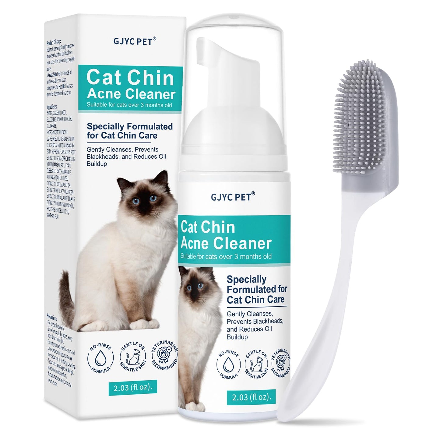 Cat Chin Acne Cleaner – No-Rinse Blackhead & Pimple Remover with Brush – Gentle Formula for Sensitive Feline Skin, Oil & Debris Control, 2.03 fl oz