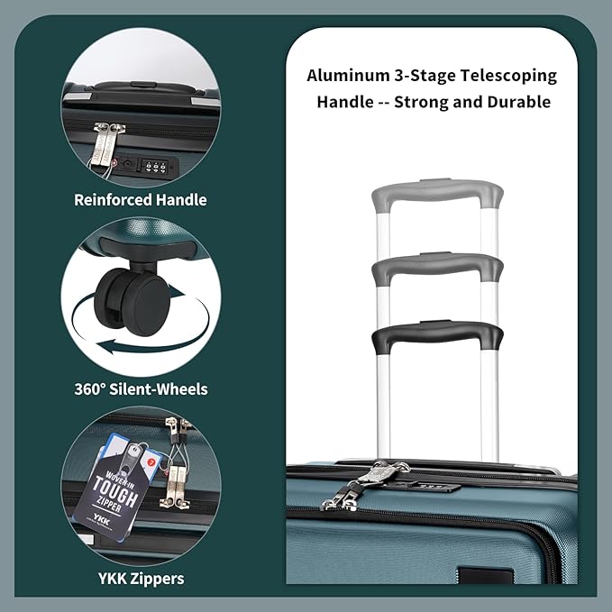 20 inch Small Carry On Luggage Front Open with Laptop Pocket, ABS+PC Hard Shell Suitcase with Spinner Wheels TSA Lock & YKK Zipper, 20in/Toiletry Bag/Handbag, Teal Blue