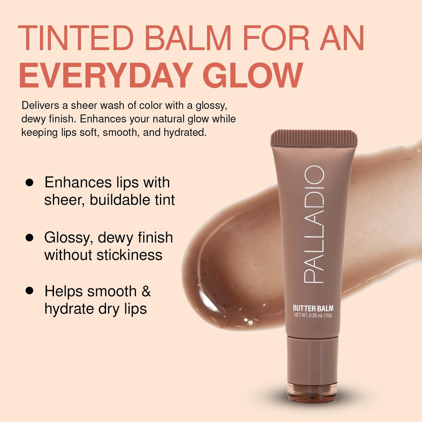 Palladio Butter Balm - Hydrating Lip Balm with Sheer Tint, Aloe, Peptides, Shea Butter, and Vegan Formulation for Instant Moisture, Shine, and Soothing Lip Care, Caramel Glazed