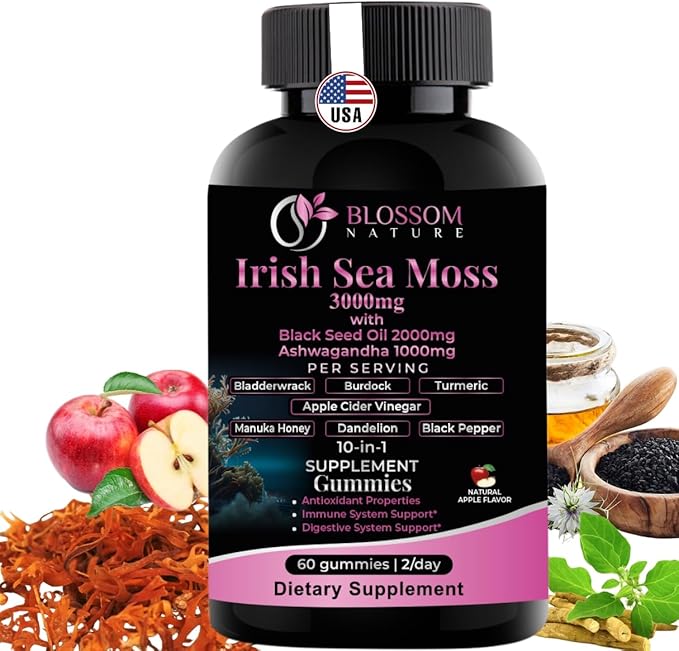 10-in 1 Irish Sea Moss Gummies 3000mg with Black Seed Oil Ashwagandha Bladderwrack Burdock Turmeric Apple Cider Vinegar Manuka Honey Dandelion - for Immune and Digestive System, Made in US