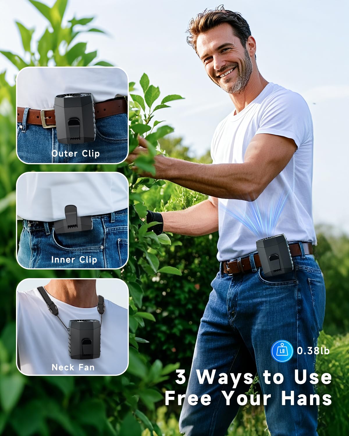 JKBOOM 2025 Smart Portable Rechargeable Fan with LED Light & 25H Runtime, 4-Speed 9200RPM Turbo Cooling Personal Waist Fan, Wearable Neck & Belt Clip for Camping, Outdoor, Hiking - Black