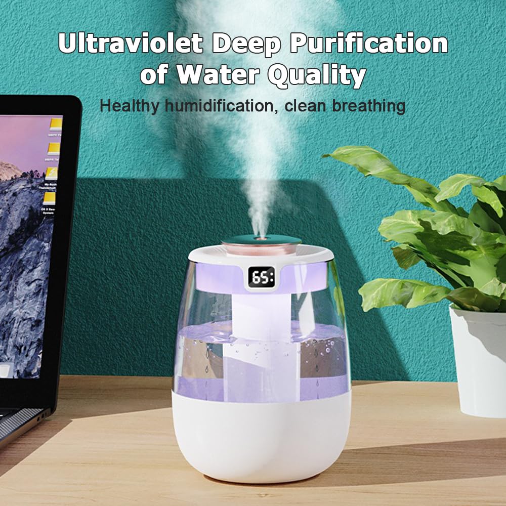 DONGKER Double Spray Humidifier,1L Silent USB Digital Display Humidifier with 2 Mist Modes & Night Light for Car Office Home Room