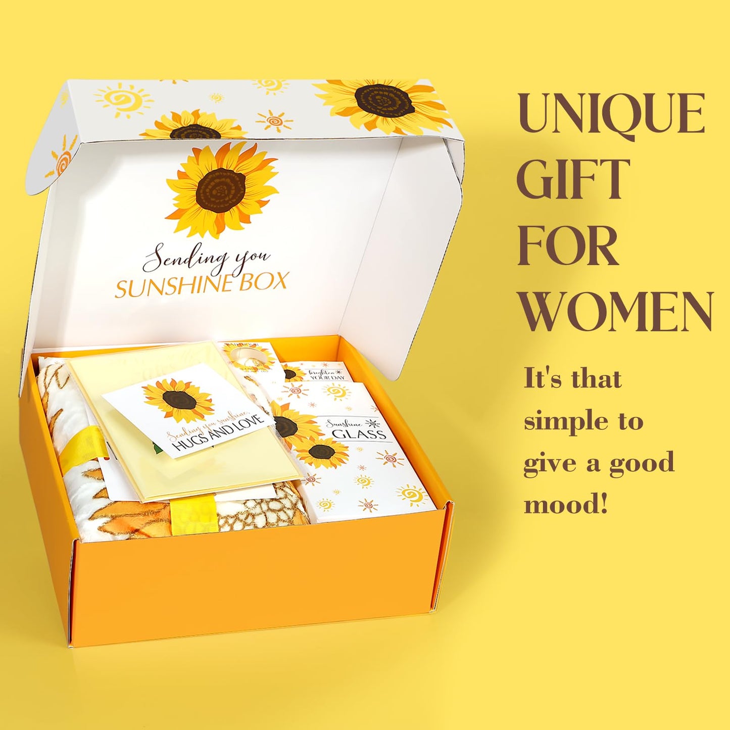 Sunflower Gifts for Women - 15 pcs Unique Birthday and Basket, Get Well Soon Care Package, Inspirational Box for Her, Mom, Sister, Best Friends (Yellow)