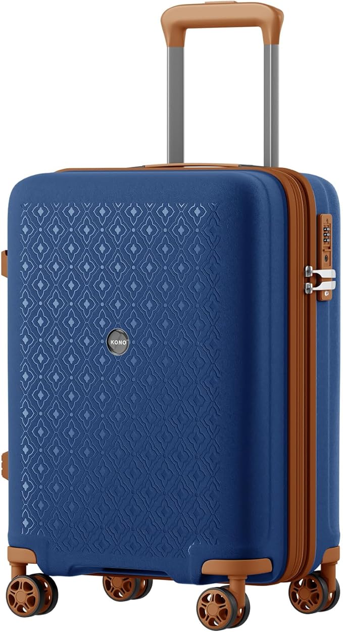 Kono 20 Inch Expandable Hard-Shell Suitcase, Ideal For Short Trips, Durable PP Material, With Hidden Cup Holder & TSA Lock, Navy/Brown