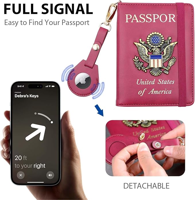 Cnycmy Passport Holder with Airtag,Passport-Wallet-Holder for Women, RFID Passport Holder with Slot Waterproof, PU Leather Travel Passport Case (wine red1)