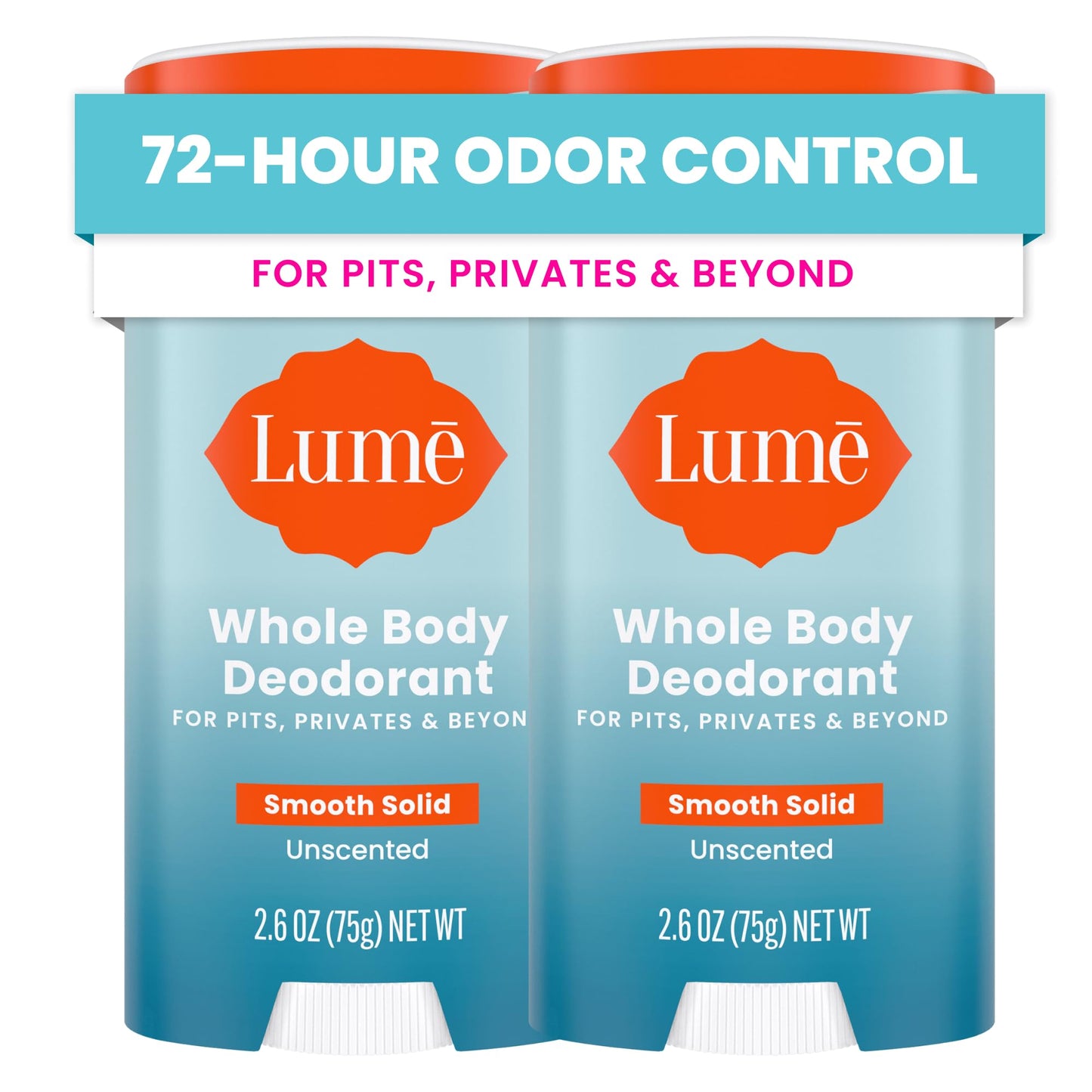Lume Whole Body Deodorant - Smooth Solid Stick - 72 Hour Odor Control - Aluminum Free, Baking Soda Free and Skin Safe - 2.6 Ounce (Pack of 2) (Unscented)