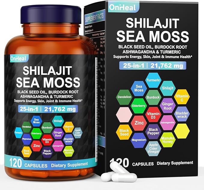 25-in-1 Sea Moss Black Seed Oil Ashwagandha Ginger Shilajit Supplement, with Burdock Root, Rhodiola Rosea, Vitamins C & D3, Shilajit Capsules for Men & Women - Boosts Energy, Skin, Joints & Immunity